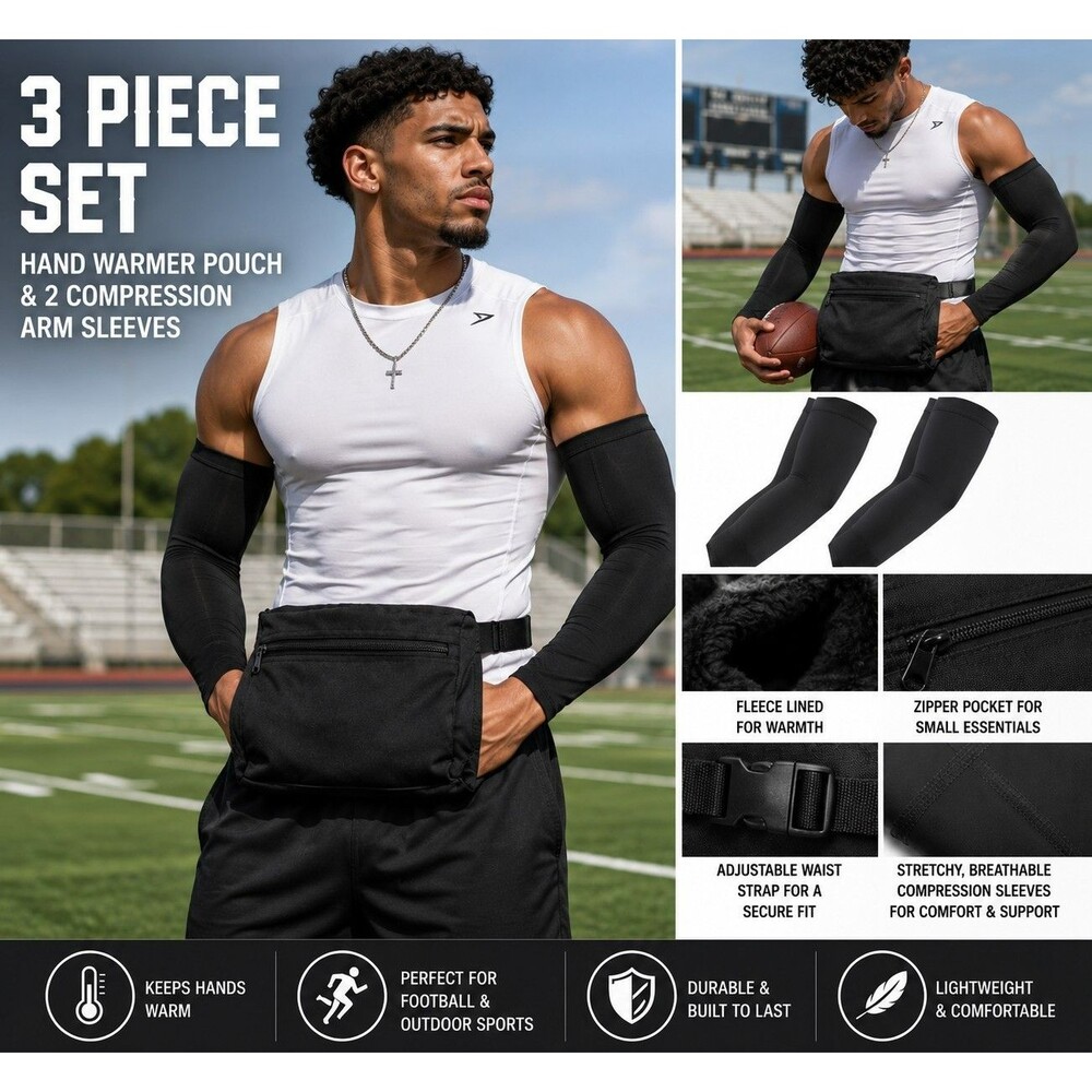 Football Hand Warmer Pouch & 2 Compression Arm Sleeves Set Black New